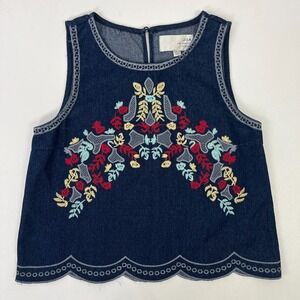JOA Los Angeles Embroidered Tank Denim Floral Sz S Bohemian Retro Festival